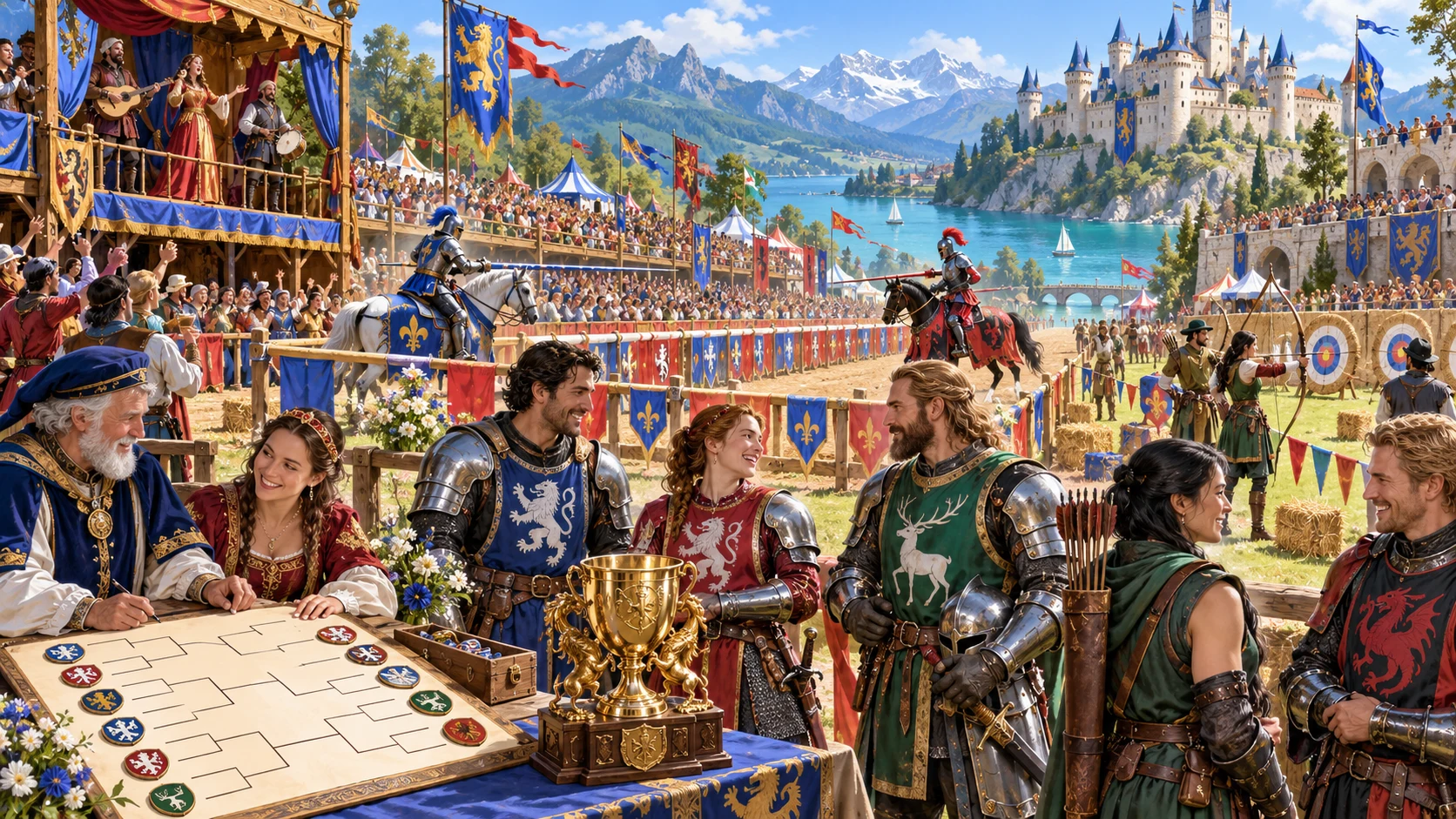 Illustrative fantasy entrants and spectators at an organised tournament.